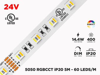 Ruban LED iP20 24V RGB+W CCT 5050 à 60 LEDs/m - 5m (Ruban seul)