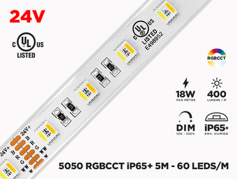 Ruban LED iP65+ 24V RGB+W CCT 5050 à 60 LEDs/m - 5m (Ruban seul)