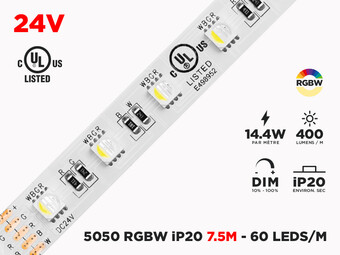 Ruban LED iP20 24V RGB+W 5050 à 60 LEDs/m - 7.5m (Ruban seul)