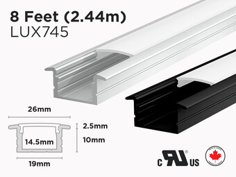 Profilé d’aluminium en U encastrable de 8 pieds pour ruban LED (LUX745)