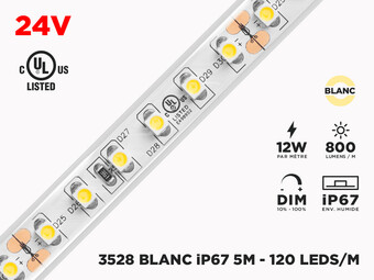 Ruban LED Extérieur iP67 24V 3528 Blanc à 120 LEDs/m - 5m (Ruban seul), Couleur-Température: 4000K Blanc Naturel