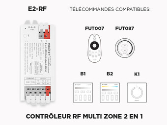 E2-RF Controleur LED RF 2 en 1 (Couleur Unique et Blanc Ajustable CCT) 1 à 8 zones à relai de signal automatique