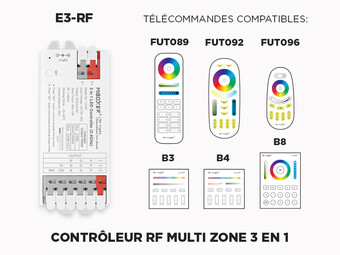 E3-RF Controleur LED RF 3 en 1 (RGB, RGB+W, RGB+CCT) 1 à 8 zones à relai de signal automatique