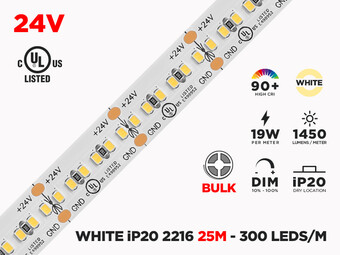 24V 25m iP20 2216 Single Color LED Strip - 300 LEDs/m (Strip Only)