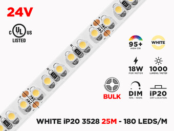 24V 25m iP20 3528 White LED Strip - 180 LEDs/m (Strip Only), Color-Temperature : 3000K Warm White