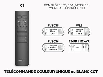 Télécommande RF 4 Zones pour Rubans LED Couleur Unique ou Blanc CCT Variable (C1)