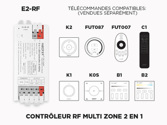 E2-RF Controleur LED RF 2 en 1 (Couleur Unique et Blanc Ajustable CCT) 1 à 8 zones à relai de signal automatique