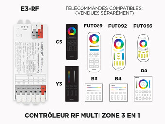 E3-RF Controleur LED RF 3 en 1 (RGB, RGB+W, RGB+CCT) 1 à 8 zones à relai de signal automatique