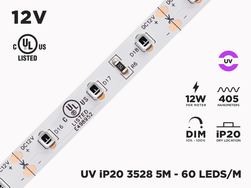 12V 5m iP20 2835 UV Black Light LED Strip - 60 LEDs/m (Strip Only)