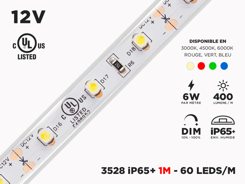 Ruban LED iP65+ 12V 3528 Couleur Unique à 60 LEDs/m - 1m (Ruban seul)