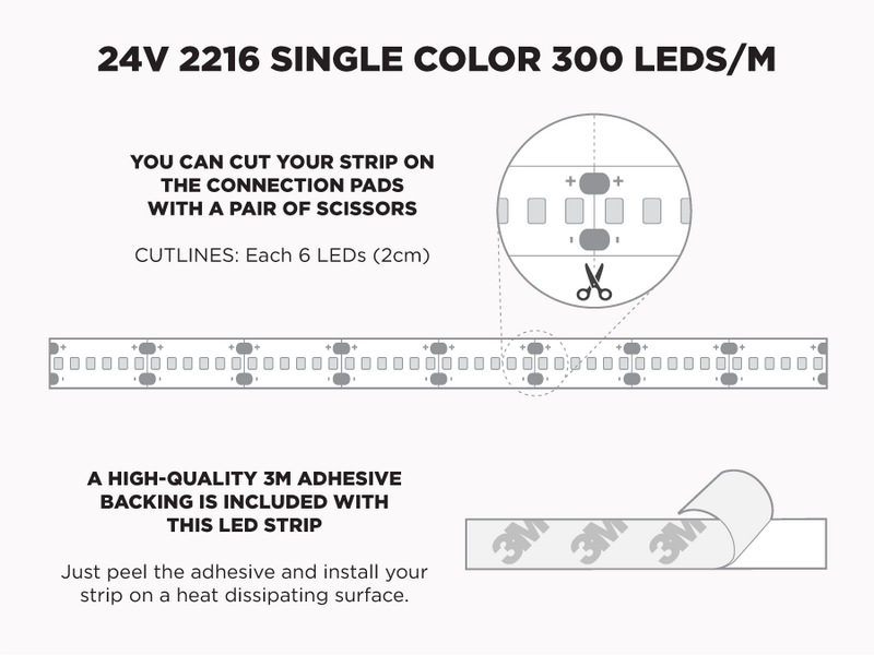 24V 2.5m iP20 2216 Single Color LED Strip - 300 LEDs/m (Strip Only) (3500K Warm White) - Features: Cut Lines