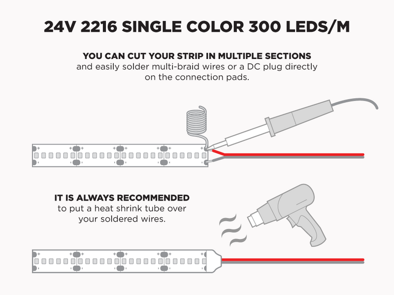 24V 2.5m iP20 2216 Single Color LED Strip - 300 LEDs/m - Features: Solder
