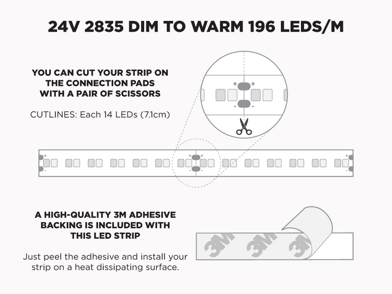 24V 5m iP20 2835 White Dim to Warm LED Strip - 196 LEDs/m (Strip Only) - Features: Cut Lines