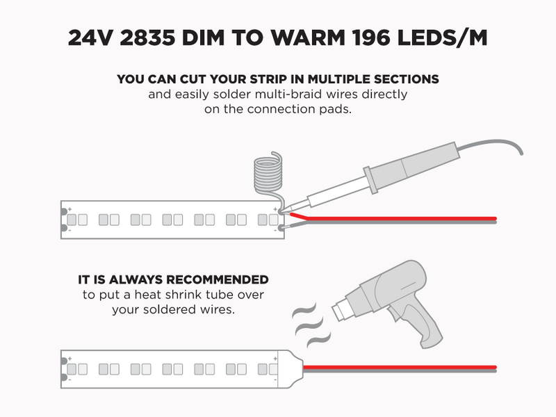24V 5m iP20 2835 White Dim to Warm LED Strip - 196 LEDs/m (Strip Only) - Features: Solder