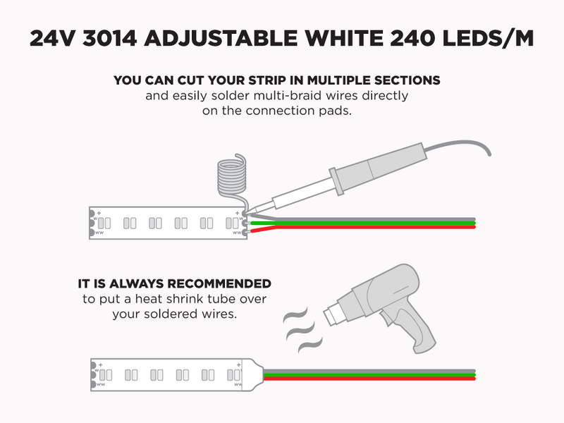 24V 5m iP20 3014 Warm White Cool White Adjustable LED Strip - 240 LEDs/m (Strip Only) - Features: Solder