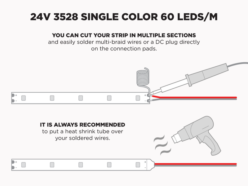 24V 10m iP20 3528 Single Color LED Strip - 60 LEDs/m (Strip Only) - Features: Solder