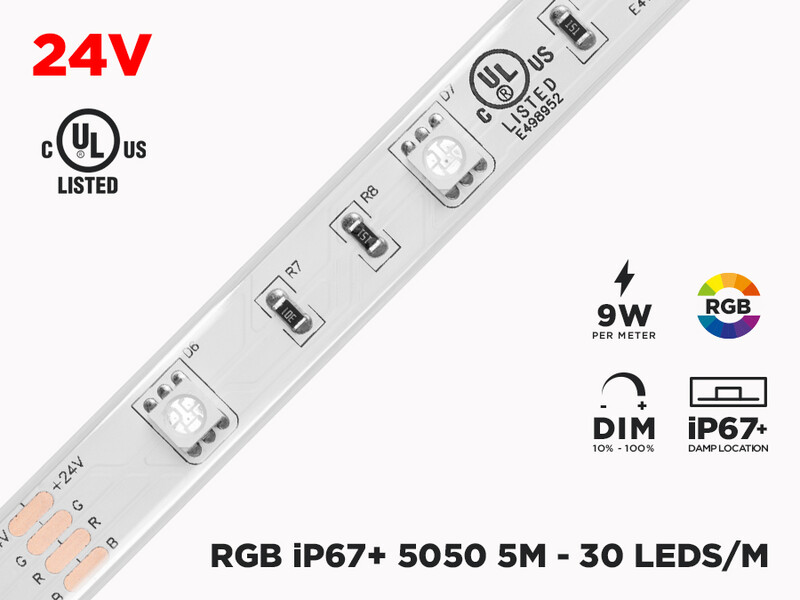24V 5m iP67 RGB 5050 Super Bright Weatherproof LED Strip - 30 LEDs/m (Strip Only)