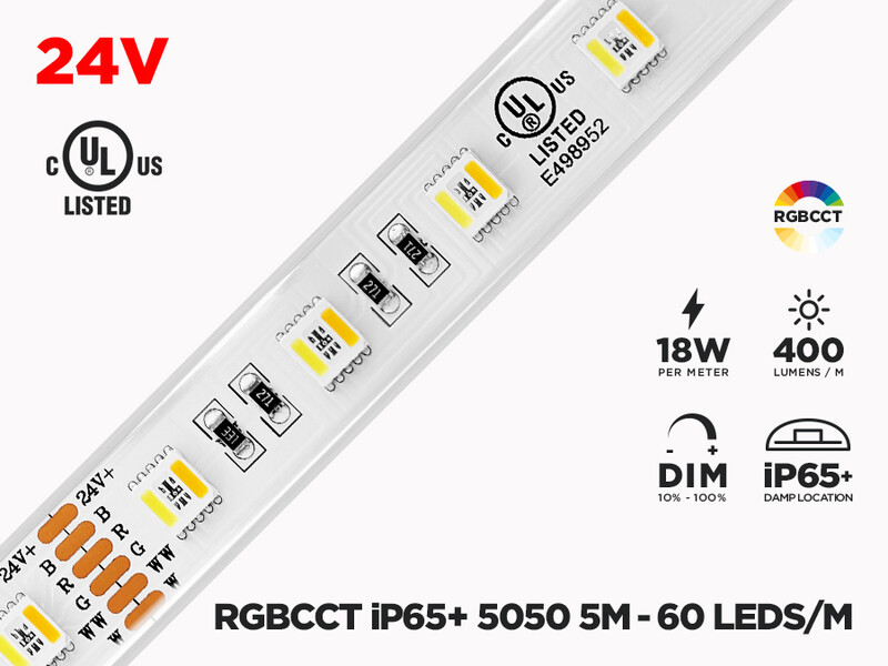 24V 5m iP65+ RGB+W CCT 5050 LED Strip - 60 LEDs/m (Strip Only)