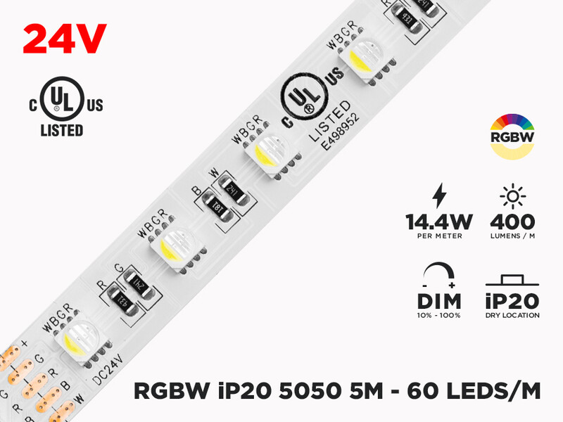 24V 5m iP20 RGB+W 5050 LED Strip - 60 LEDs/m (Strip Only)