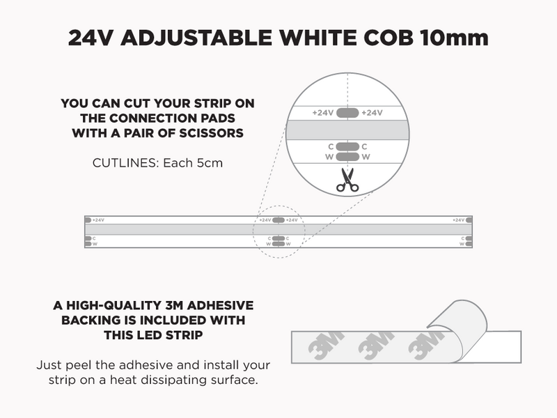 24V 5m iP20 10mm COB LED strip - Warm White to Cool White Adjustable - Features: Cut Lines