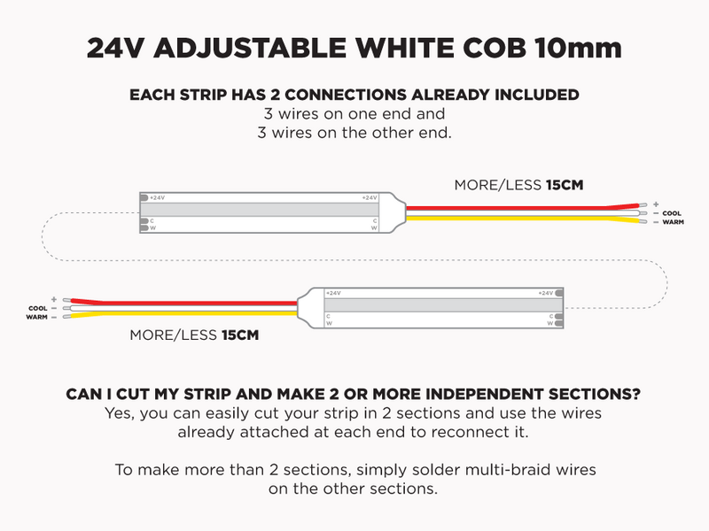 24V 5m iP20 10mm COB LED strip - Warm White to Cool White Adjustable - Features: Included Connections