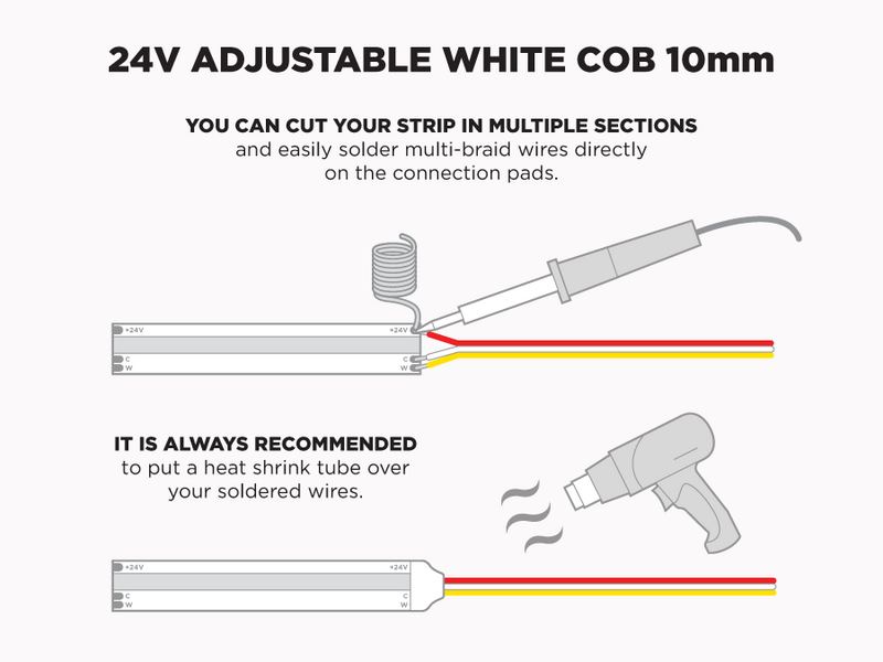 24V 5m iP20 10mm COB LED strip - Warm White to Cool White Adjustable - Features: Solder