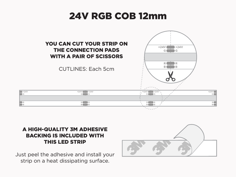 24V 5m iP20 12mm COB LED strip - RGB - Features: Cut Lines