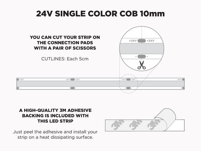 24V 5m iP20 10mm COB LED strip - White - Features: Cut Lines