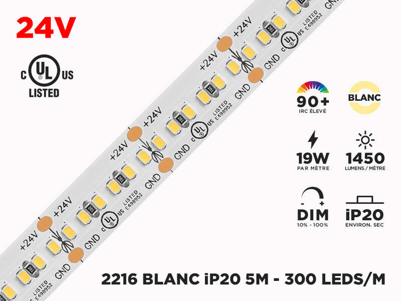 Ruban LED iP20 24V 2216 Couleur Unique à 300 LEDs/m - 5m (Ruban seul)