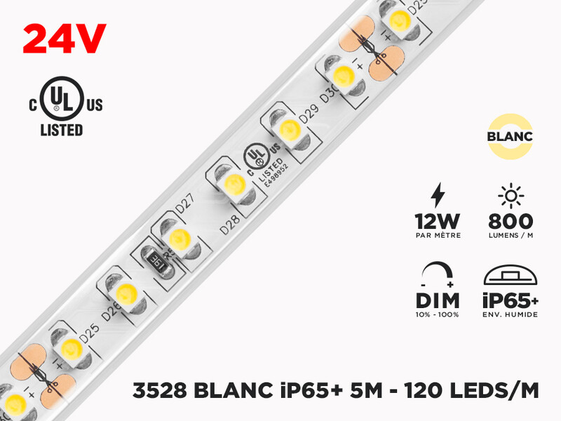 Ruban LED iP65+ 24V 3528 Blanc à 120 LEDs/m - 5m (Ruban seul)