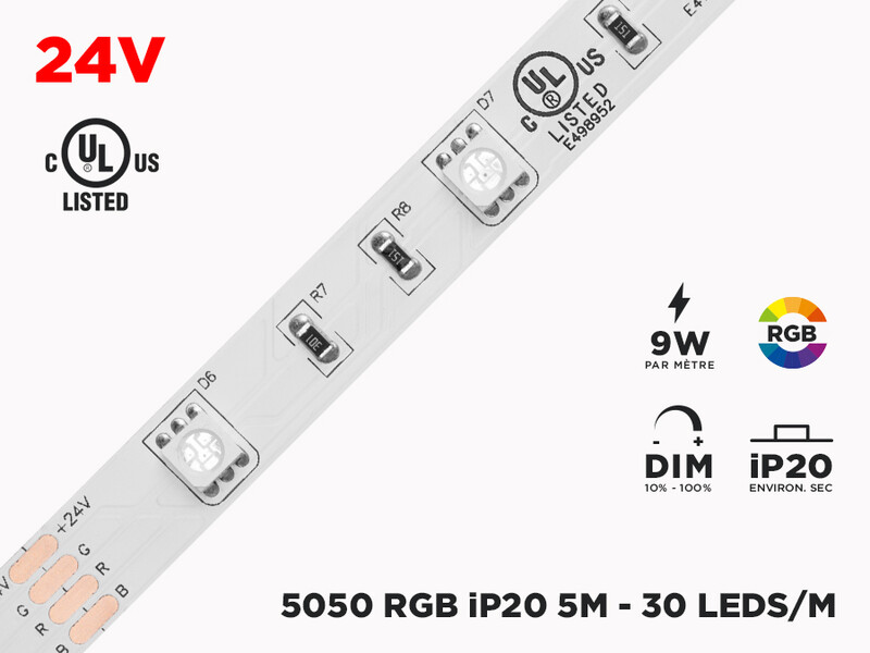 Ruban LED iP20 24V RGB 5050 Haute intensité à 30 LEDs/m - 5m (Ruban seul)