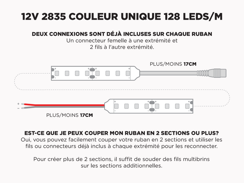 Ruban LED iP20 12V 2835 Haute intensité Blanc à 128 LEDs/m - 5m (Ruban seul)