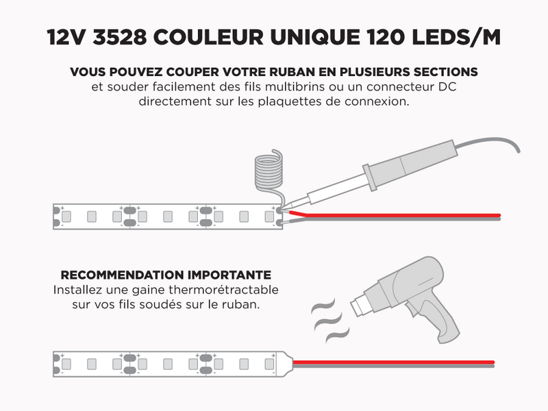 Ruban LED iP65+ 12V 3528 Blanc à 120 LEDs/m - 5m (Ruban seul)