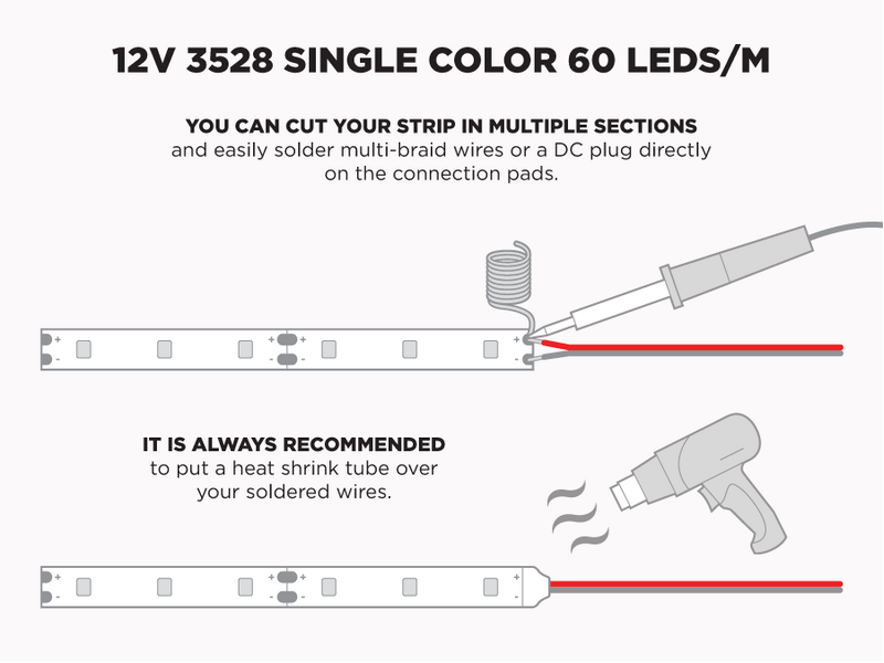 12V 5m iP65 3528 Single Color LED Strip - 60 LEDs/m (Strip Only) - Features: Solder
