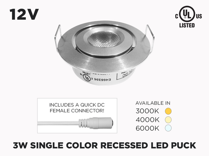 12V 3W Single Color Professional Grade 50mm Recessed LED Puck, Color-Temperature : 6000K Cool White