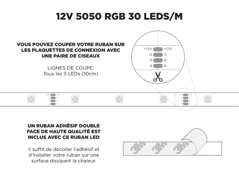 Ruban LED iP65+ 12V RGB 5050 Haute Intensité à 30 LEDs/m - 5m (Ruban seul)