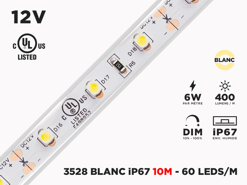 Ruban LED Extérieur iP67 12V 3528 Blanc à 60 LEDs/m - 10m Continu (Ruban seul)