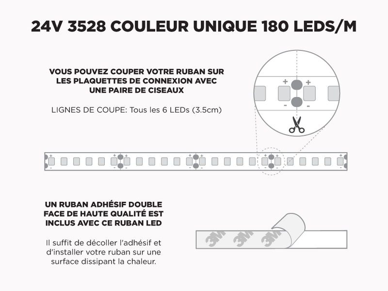 Ruban LED iP20 24V 3528 Blanc à 180 LEDs/m - 5m (Ruban seul)