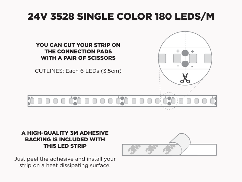 24V 5m iP20 3528 White LED Strip - 180 LEDs/m (Strip Only)