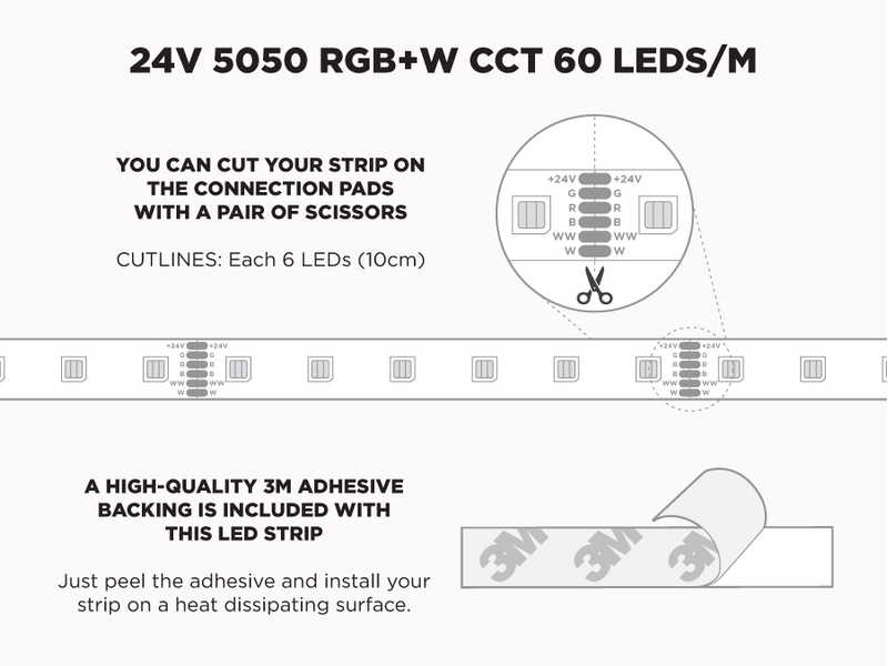 24V 5m iP20 RGB+W CCT 5050 LED Strip - 60 LEDs/m (Strip Only) - Features: Cut Lines