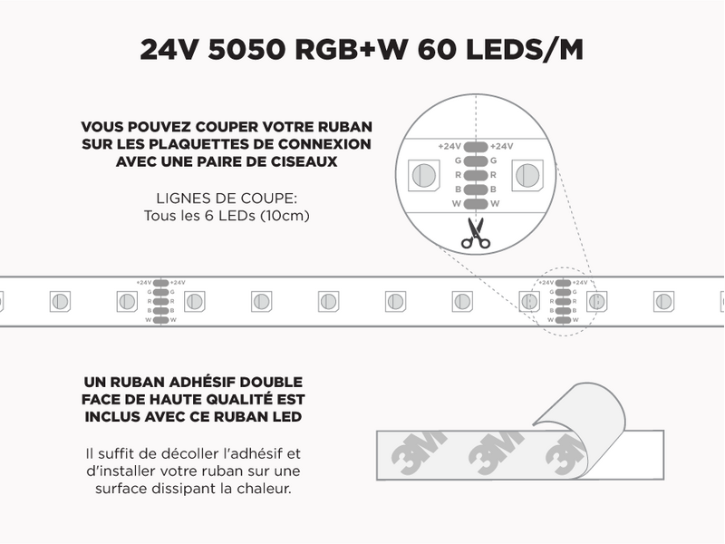 Ruban LED iP65+ 24V RGB+W 5050 à 60 LEDs/m - 5m (Ruban seul)