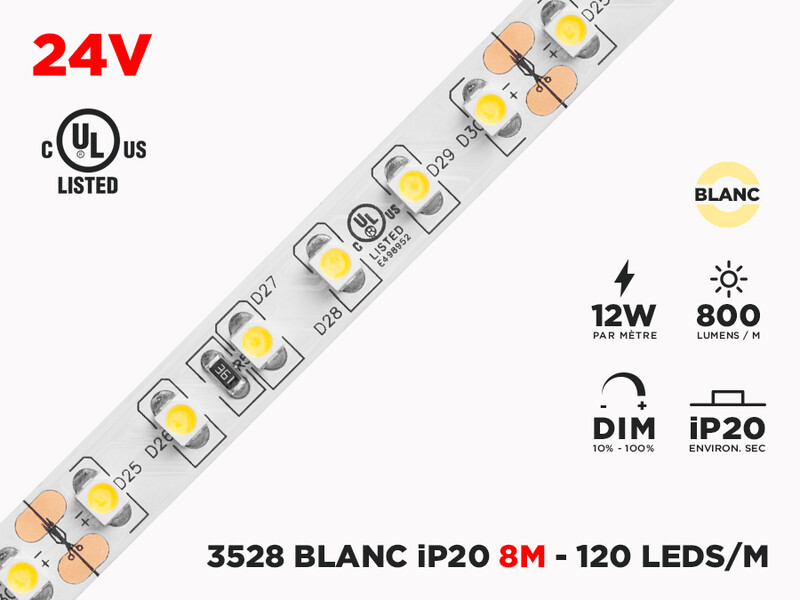 Ruban LED iP20 24V 3528 Blanc à 120 LEDs/m - 8m (Ruban seul), Couleur-Température: 3000K Blanc Chaud