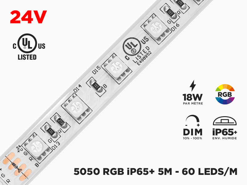 Ruban LED iP65+ 24V RGB 5050 Haute intensité à 60 LEDs/m - 5m (Ruban seul)