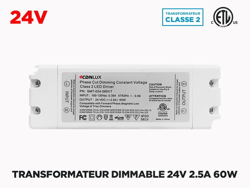 Transformateur Dimmable Universel 24V 24W, 48W ou 60W (Classe 2), Sortie: 24V 2.5A 60W