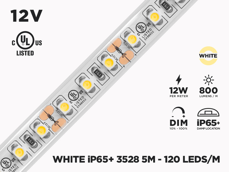 12V 5m iP20 3528 White LED Strip - 120 LEDs/m (Strip Only)