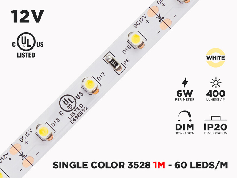 12V 1m iP65+ 3528 Single Color LED Strip - 60 LEDs/m (Strip Only)