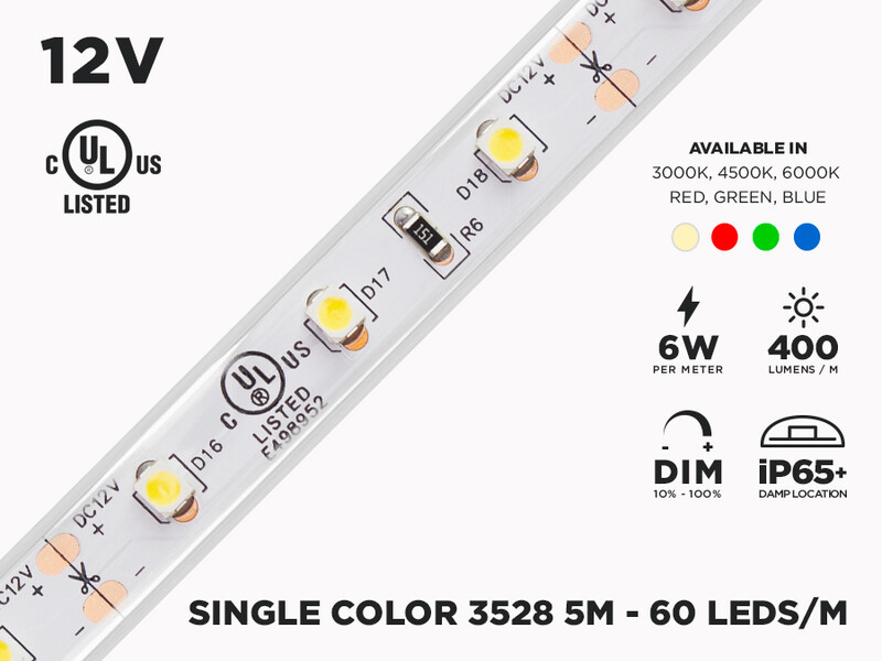 12V 5m iP65+ 3528 Single Color LED Strip - 60 LEDs/m (Strip only)