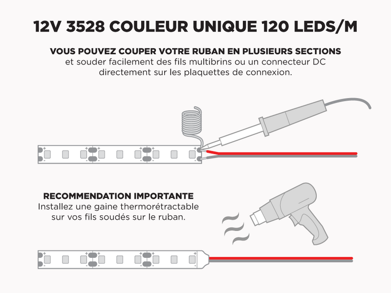 Ruban LED iP65+ 12V 3528 Couleur Unique à 120 LEDs/m - 1.2m (4') (Ruban seul)