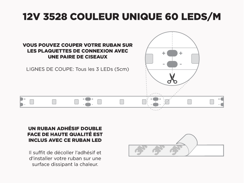 Ruban LED iP65+ 12V 3528 Couleur Unique à 60 LEDs/m - 5m (ruban seul)