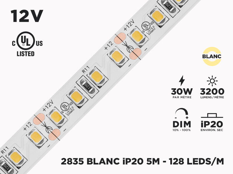 Ruban LED iP20 12V 2835 Haute intensité Blanc à 128 LEDs/m - 5m (Ruban seul)